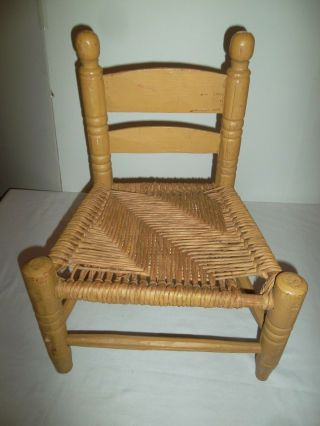Vintage Childs Wood Chair Rush Seat Wicker 40s Folk Art Kids Doll Chair Small
