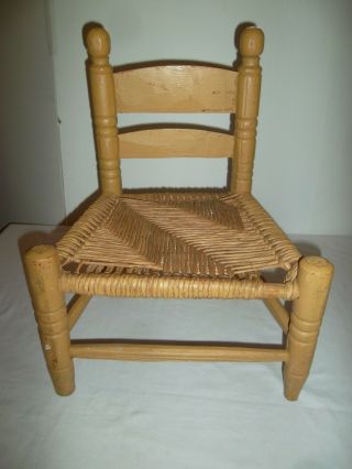 Vintage Childs Wood Chair Rush Seat Wicker 40s Folk Art Kids Doll Chair Small 2