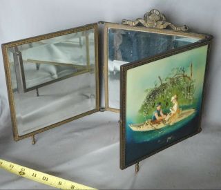 Rare Victorian Tri Fold Tryptich Mirror Dresser Vanity Travel Courting Scene