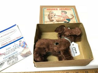RARE VINTAGE EARLY BOXED W/KEY SUSSEX SPANIEL JAPAN TIN WIND UP DOG LITHO 3