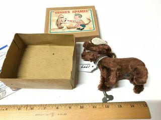 RARE VINTAGE EARLY BOXED W/KEY SUSSEX SPANIEL JAPAN TIN WIND UP DOG LITHO 6