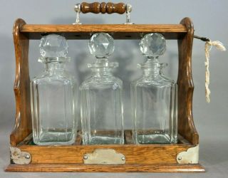 Antique Edwardian Era English Oak & Silver P Old (3) Glass Decanter Tantalus Set