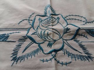 Antique Vintage White Hand Embroidered Tablecloth Blue Roses Rectangle 58 " X52.  5 "