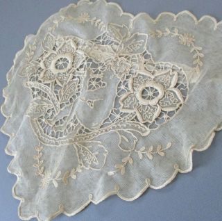 Vintage French Tambour Lace Heart Shaped Pillow Case Embroidered Flowers Cherub