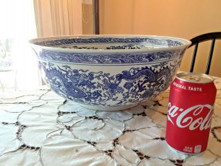 Large Antique 19th Century 15 1/2 " Chinese Blue & White Dragon Bowl,  Signed