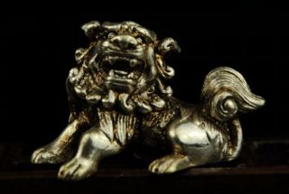 Chinese Old Hand Carved Copper Plating Silver Lion Statue Nr A01