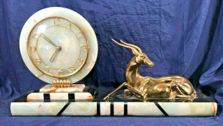 Antique French Art Deco Desk Clock - Marble - Antelope
