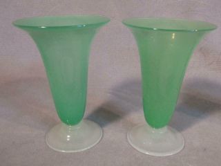 Pair Old Steuben Jade & Alabaster 6 " Art Glass Vases