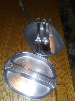 Vintage 1942 Stainless Steel Field Mess Kit & Utensils Military Camping