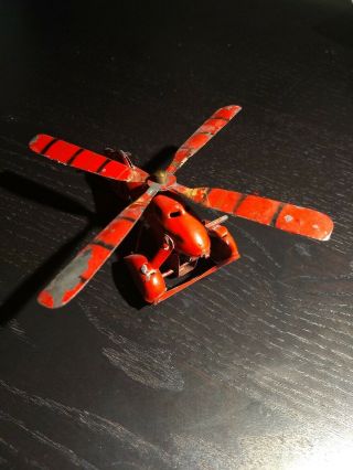 6 " 1940s Red Wheeled Spinning Vintage Tin Toy Helicopter
