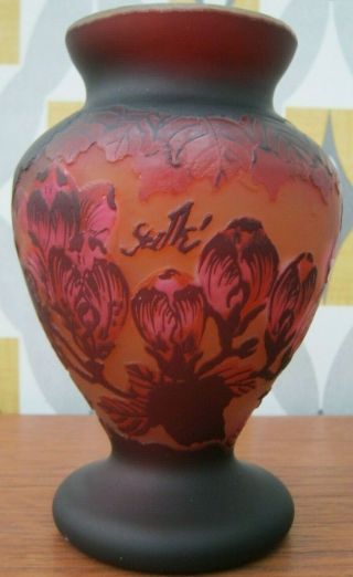 Art Nouveau Style Cameo Glass Vase Red Magnolias Flowers Galle