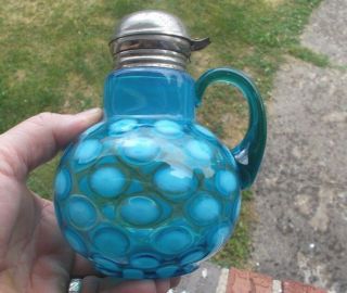 Antique Blue Opalescent Coin Dot Syrup Pitcher Flip Lid Applied Handle