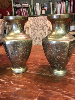 A Pair Vtg Antique Large Chinese Bronze/brass Vases With Rooster 7.  25 " Tall