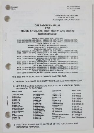 1989 Us Army Tm Truck 5 - Ton 6x6 M939 Series Operators Book