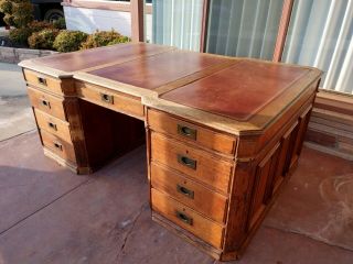 Antique Oak Partners Desk Leather Top Hand Crafted