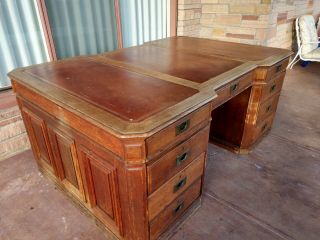 Antique Oak Partners Desk Leather Top Hand Crafted 4