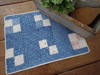Indigo Blue Cranberry Red 1880s Farmhouse Antique Table Or Doll Quilt 16x12