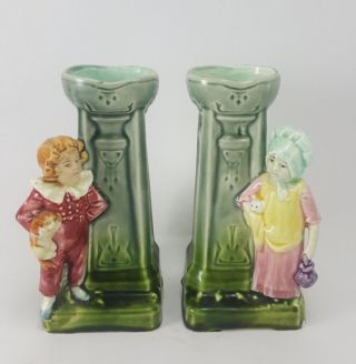 Majolica Figurines Children And Pets Art Nouveau Vintage Flower Vases 6 "