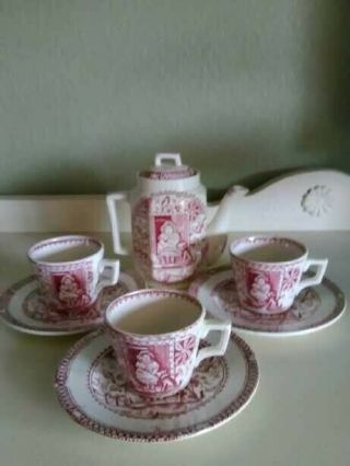 Antique Red Transfer Ware Child Tea Set Girl With Cat And Dog