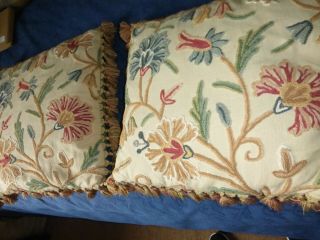 Vintage Crewel Work Cushion Covers With Fabulous Tassel Trim