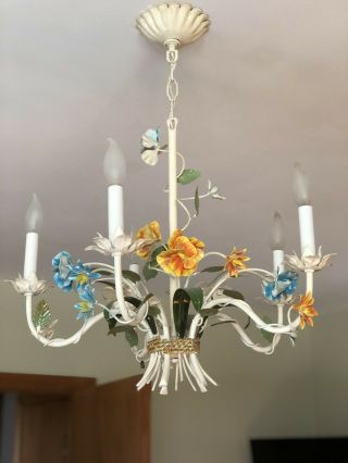 Vintage Italian Metal Chandelier Tole Painted Flowers 5 Arm Italy Floral 1960s
