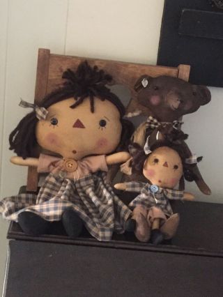 Primitive Folk Art Raggedy Ann Doll Mommy And Baby Annie W/ Nanny Teddy