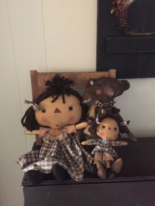 Primitive Folk Art Raggedy Ann Doll Mommy And Baby Annie W/ Nanny Teddy 4
