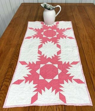 Pink Vintage Feathered Star Table Quilt Runner 36 X 19 Cottage