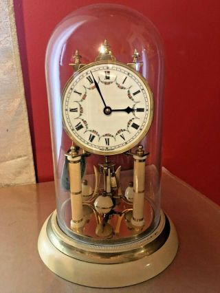 Vintage Schatz 400 Day German Anniversary Clock Glass Dome 11 1/2 " Tall