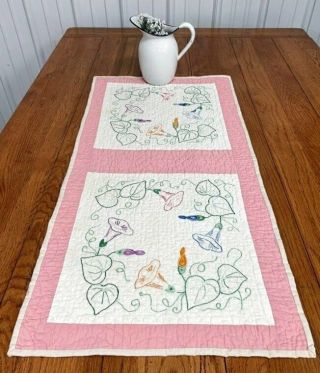 Pink Cottage C 30s Morning Glory Vintage Table Quilt Runner 37 X 18 3/4