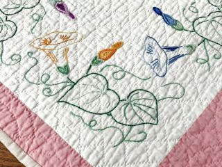 Pink Cottage c 30s Morning Glory Vintage Table QUILT Runner 37 x 18 3/4 2