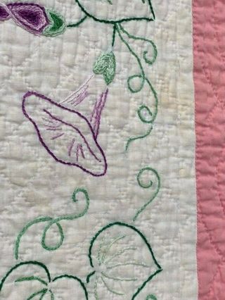 Pink Cottage c 30s Morning Glory Vintage Table QUILT Runner 37 x 18 3/4 8
