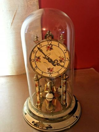 Vtg.  Schatz 400 Day German Anniversary Clock.  Flowers On Face & Down Posts.  Boug