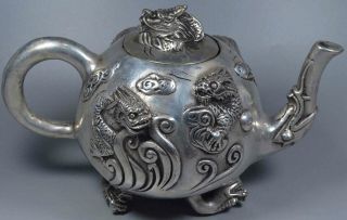 Collectable Handwork Tibet Miao Silver Myth Dragon Four Paws Auspicious Tea Pots