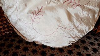 ANTIQUE VICTORIAN FEATHER BOUDOIR CUSHION - PINK HAND EMBROIDERY SATIN & RUFFLES 2