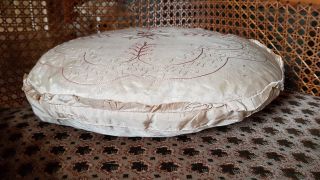 ANTIQUE VICTORIAN FEATHER BOUDOIR CUSHION - PINK HAND EMBROIDERY SATIN & RUFFLES 4