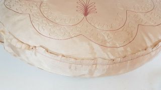 ANTIQUE VICTORIAN FEATHER BOUDOIR CUSHION - PINK HAND EMBROIDERY SATIN & RUFFLES 6