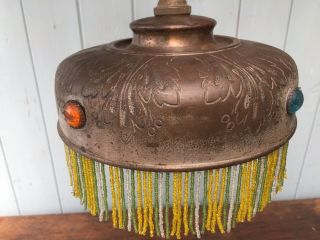 Vintage French Glass Beaded Metal Ceiling Lampshade Light Oil Lamp Art Nouveau
