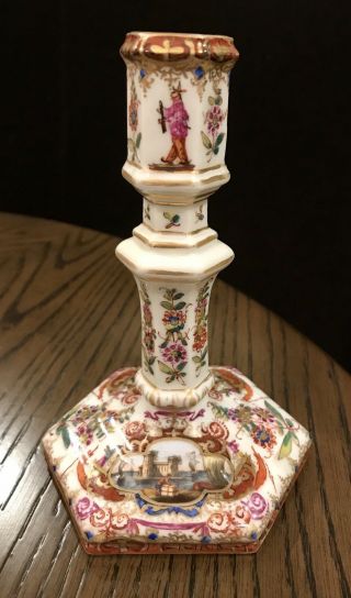 Charming Kpm 19th Century Porcelain Candlestick,  (hand Painted Ships & Flowers)