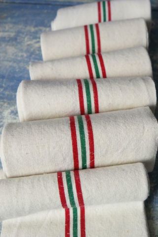 6 X Vintage French Linen Metis Torchons Tea Towels Green Red Stripes M60