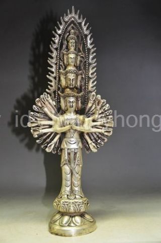 China Old Copper Plating Silver Hand - Carved Guanyin Buddha Statue F01