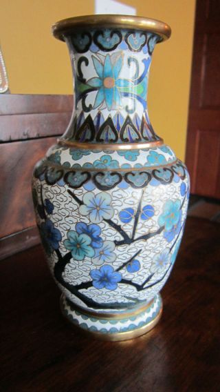 Vintage Asian Chinese Brass Cloisonne Enamel Vase With Vibrant Blues 7 Inches