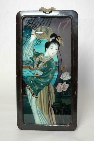 Antique Vintage Chinese Reverse Painting On Glass Of Lady With Fan Quan Yin ?