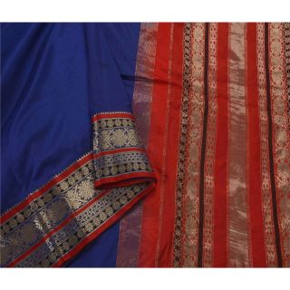 Sanskriti Antique Vintage Saree Pure Silk Woven Blue Brocade Fabric 5 Yd Sari