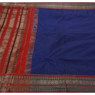 Sanskriti Antique Vintage Saree Pure Silk Woven Blue Brocade Fabric 5 Yd Sari 2