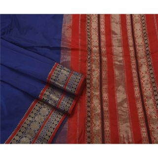 Sanskriti Antique Vintage Saree Pure Silk Woven Blue Brocade Fabric 5 Yd Sari 3