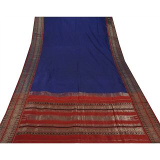 Sanskriti Antique Vintage Saree Pure Silk Woven Blue Brocade Fabric 5 Yd Sari 4