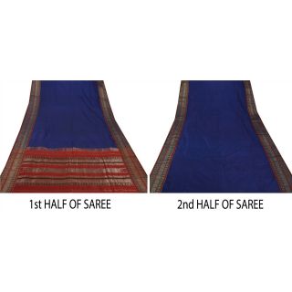 Sanskriti Antique Vintage Saree Pure Silk Woven Blue Brocade Fabric 5 Yd Sari 6