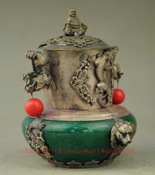 chinese old hand - carved copper plating silver jade Buddha Pi Xiu censer b01 2