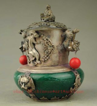 chinese old hand - carved copper plating silver jade Buddha Pi Xiu censer b01 4